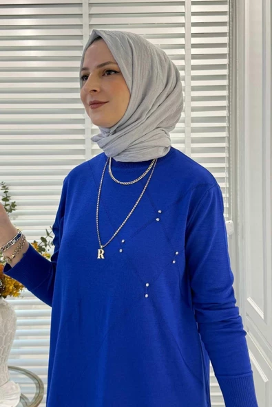 Gonca Taşlı Triko Tunik Saks - 4