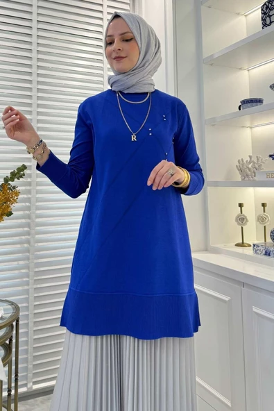 Gonca Taşlı Triko Tunik Saks - 5