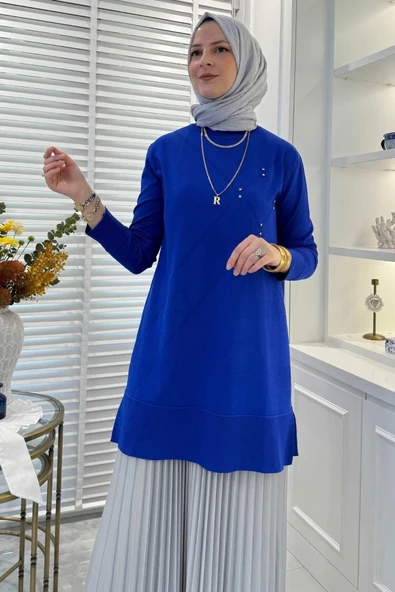 Gonca Taşlı Triko Tunik Saks - 3