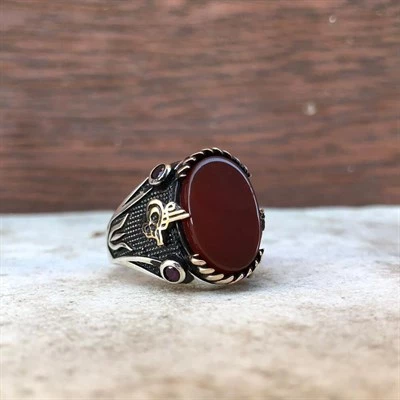 Akik Kırmızı Taşlı Tuğra Desenli 925 Gümüş Erkek Yüzük - 10