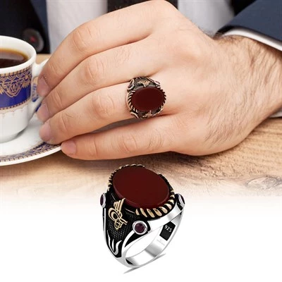 Akik Kırmızı Taşlı Tuğra Desenli 925 Gümüş Erkek Yüzük - 9