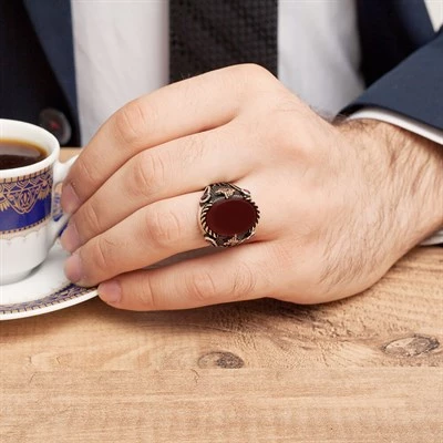Akik Kırmızı Taşlı Tuğra Desenli 925 Gümüş Erkek Yüzük - 8