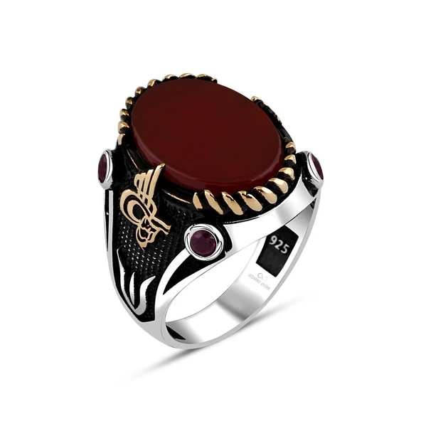 Akik Kırmızı Taşlı Tuğra Desenli 925 Gümüş Erkek Yüzük - 6