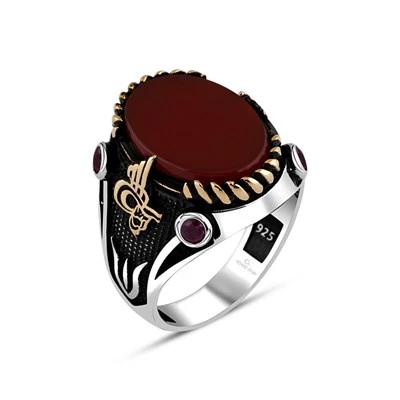 Akik Kırmızı Taşlı Tuğra Desenli 925 Gümüş Erkek Yüzük - 7