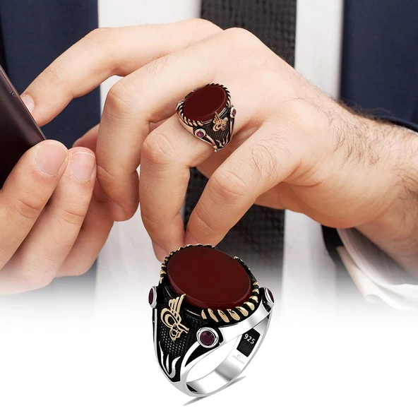 Akik Kırmızı Taşlı Tuğra Desenli 925 Gümüş Erkek Yüzük - 5