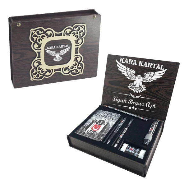 Beşiktaş Orjinal Lisanslı Kalem Defter Vip Set Ahşap Kutulu