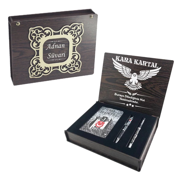 Beşiktaş Orijinal Lisanslı Kalem Defter Vip Set Ahşap Kutulu