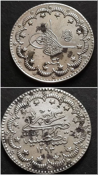 1907 II.Abdülhamid 1293/32 Gümüş 6,10 gr Kulpsuz ÇT+/Temizlenmiş Eski Madeni Para 39963667f5ccd3f320