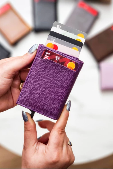 Mekanizmalı Cüzdan Vegan Deri Kartlık 9 Adet Kart Ve Geniş Para Bölmeli Rfıd Engelleme Mor ürün görseli