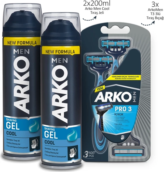 Arko Men Cool Tıraş Jeli 2 x 200 ml ve Arko Men T3 Tıraş Bıçağı 3'lü - 2