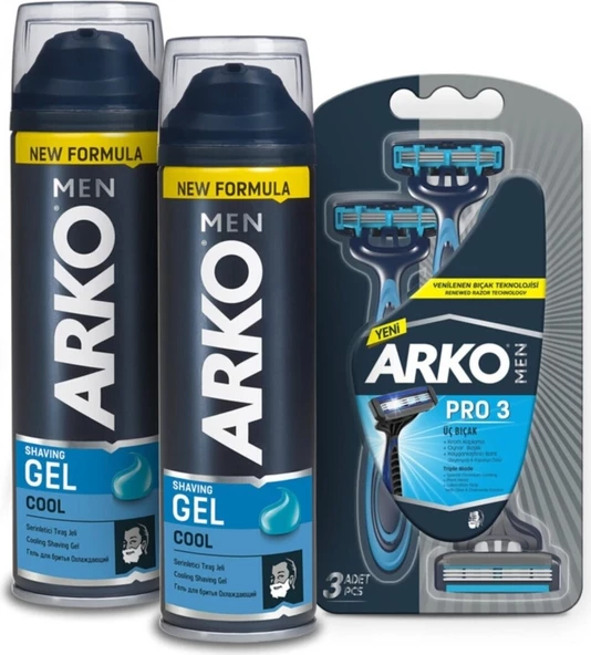 Arko Men Cool Tıraş Jeli 2 x 200 ml ve Arko Men T3 Tıraş Bıçağı 3'lü