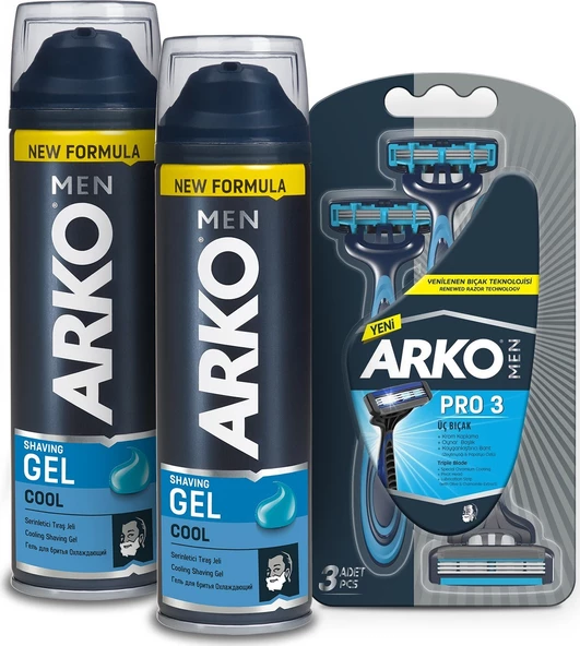 Arko Men Cool Tıraş Jeli 2 x 200 ml ve Arko Men T3 Tıraş Bıçağı 3'lü