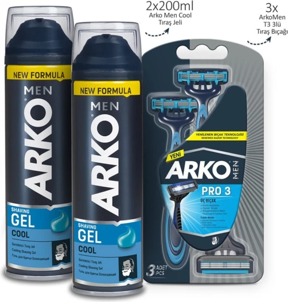 Arko Men Cool Tıraş Jeli 2 x 200 ml ve Arko Men T3 Tıraş Bıçağı 3'lü - 2