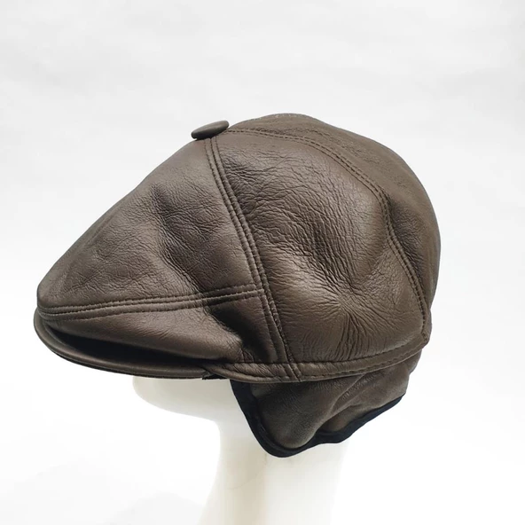 Tek Parça Deri Kürk Kasket Kahve Renk - 10