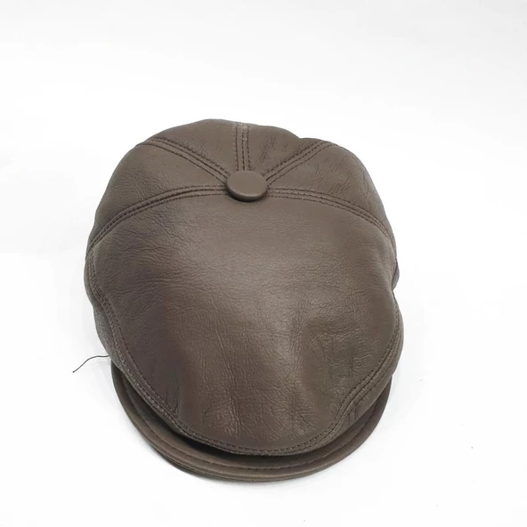 Tek Parça Deri Kürk Kasket Kahve Renk - 8