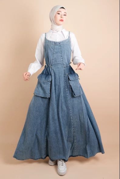 Askılı Denim Elbise Torba Cep Detaylı Kot Jile Elbise - Açık Mavi - 4