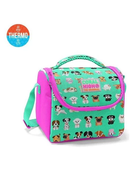 Coral High Su Yeşili Pembe Köpek Desenli Thermo Beslenme Çantası 11715