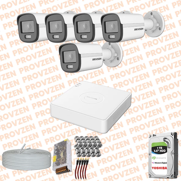 PROVZEN HIKVISION COLORVU GECE RENKLİ 5 KAMERALI SET 1TB HDD