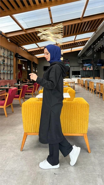 Uzun Tunik Kapşonlu Kenardan Yırtmaçlı İkili Spor Takım - 03034.003 - Siyah - Resim 4