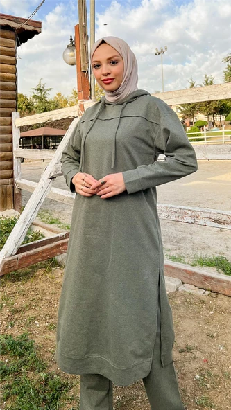 Uzun Tunik Kapşonlu Kenardan Yırtmaçlı İkili Spor Takım - 03034.005 - Haki - Resim 8