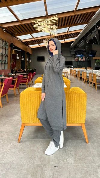 Uzun Tunik Kapşonlu Kenardan Yırtmaçlı İkili Spor Takım - 03034.017 - Antrasit - 6