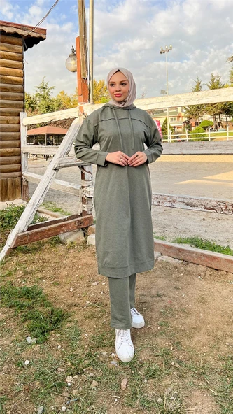 Uzun Tunik Kapşonlu Kenardan Yırtmaçlı İkili Spor Takım - 03034.005 - Haki - Resim 3