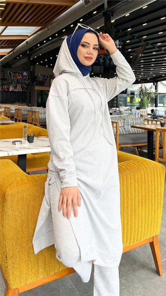 Uzun Tunik Kapşonlu Kenardan Yırtmaçlı İkili Spor Takım - 03034.008 - Gri - Resim 7