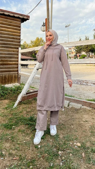 Uzun Tunik Kapşonlu Kenardan Yırtmaçlı İkili Spor Takım - 03034.016 - Vizon - 5
