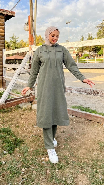 Uzun Tunik Kapşonlu Kenardan Yırtmaçlı İkili Spor Takım - 03034.005 - Haki - Resim 4