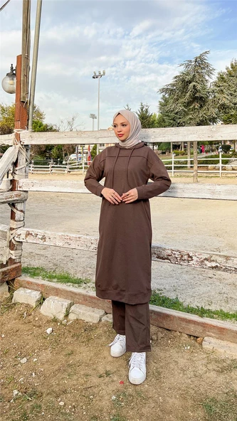 Uzun Tunik Kapşonlu Kenardan Yırtmaçlı İkili Spor Takım - 03034.028 - Kahverengi - 8
