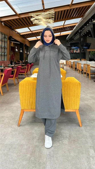 Uzun Tunik Kapşonlu Kenardan Yırtmaçlı İkili Spor Takım - 03034.017 - Antrasit - 7