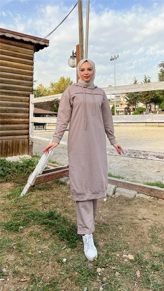 Uzun Tunik Kapşonlu Kenardan Yırtmaçlı İkili Spor Takım - 03034.016 - Vizon