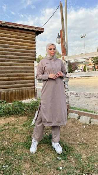 Uzun Tunik Kapşonlu Kenardan Yırtmaçlı İkili Spor Takım - 03034.016 - Vizon - 7