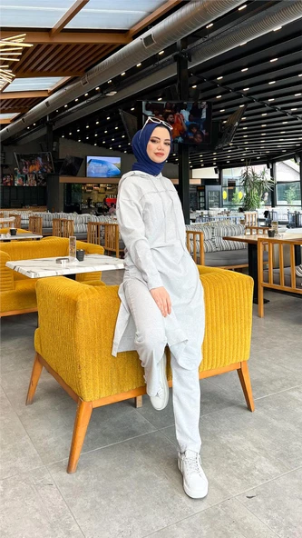 Uzun Tunik Kapşonlu Kenardan Yırtmaçlı İkili Spor Takım - 03034.008 - Gri - Resim 5