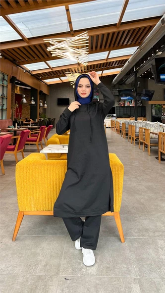 Uzun Tunik Kapşonlu Kenardan Yırtmaçlı İkili Spor Takım - 03034.003 - Siyah - Resim 5