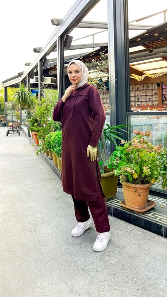 Uzun Tunik Kapşonlu Kenardan Yırtmaçlı İkili Spor Takım - 03034.020 - Mürdüm - 5