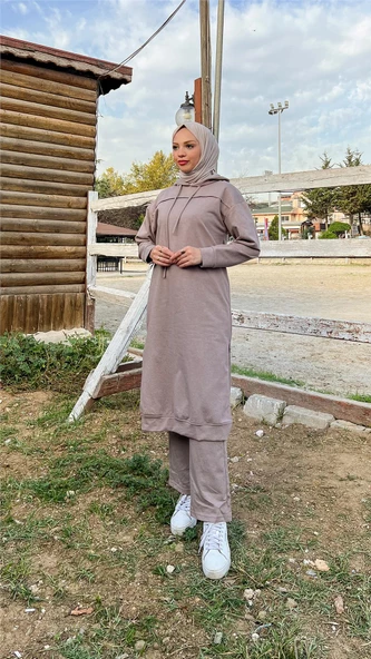 Uzun Tunik Kapşonlu Kenardan Yırtmaçlı İkili Spor Takım - 03034.016 - Vizon - 3