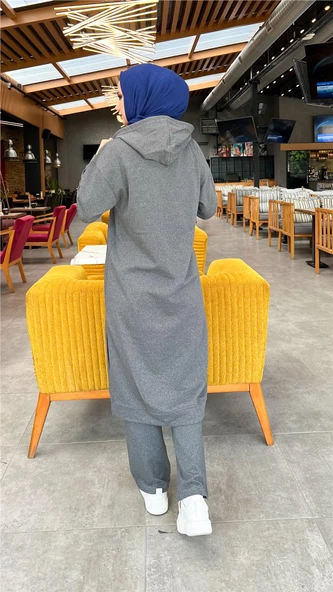 Uzun Tunik Kapşonlu Kenardan Yırtmaçlı İkili Spor Takım - 03034.017 - Antrasit - 11