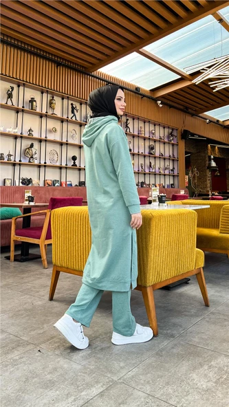 Uzun Tunik Kapşonlu Kenardan Yırtmaçlı İkili Spor Takım - 03034.100 - Çağla Yeşili - Resim 7