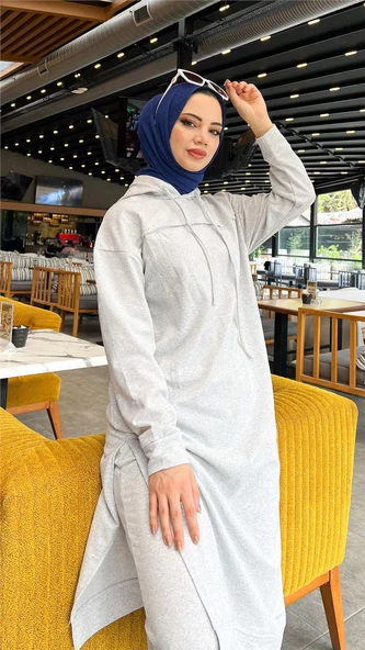 Uzun Tunik Kapşonlu Kenardan Yırtmaçlı İkili Spor Takım - 03034.008 - Gri - Resim 8
