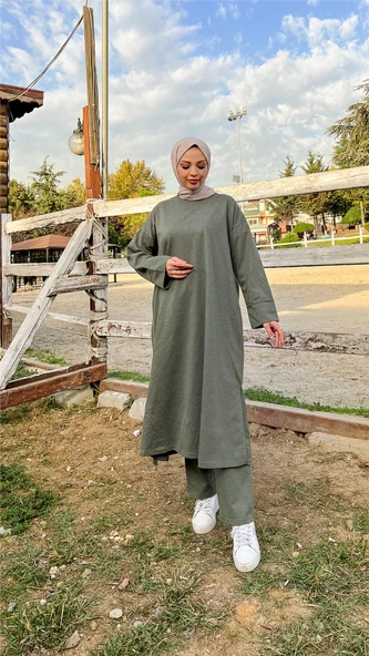 O Yaka Yırtmançlı Uzun Geniş Rahat Tunik Pantolon Sade Basic Spor Takımı - 03040.005 - Haki - 3
