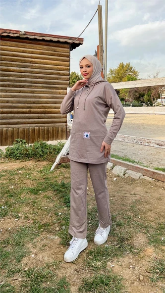 Kapşonlu Çıtçıtlı Sade Basic İkili Eşofman Spor Takımı - 03036.016 - Vizon - 7