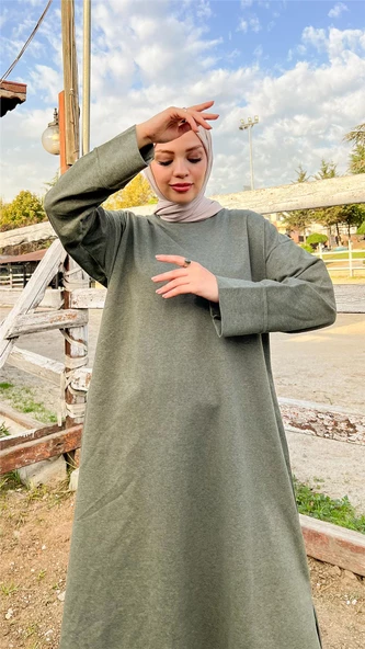 O Yaka Yırtmançlı Uzun Geniş Rahat Tunik Pantolon Sade Basic Spor Takımı - 03040.005 - Haki - 6