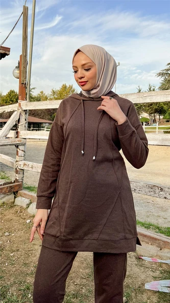 Kapşonlu O Yaka Sade Basic İkili Eşofman Spor Takımı - 03039.028 - Kahverengi - 2