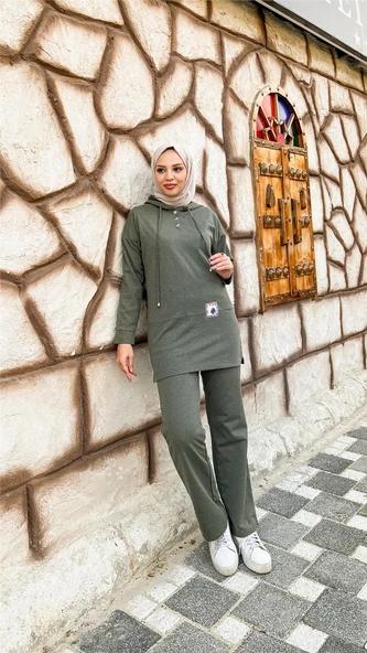 Kapşonlu Çıtçıtlı Sade Basic İkili Eşofman Spor Takımı - 03036.005 - Haki - 2