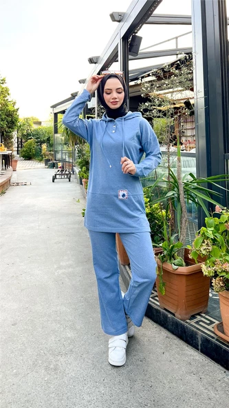 Kapşonlu Çıtçıtlı Sade Basic İkili Eşofman Spor Takımı - 03036.004 - Mavi - 3