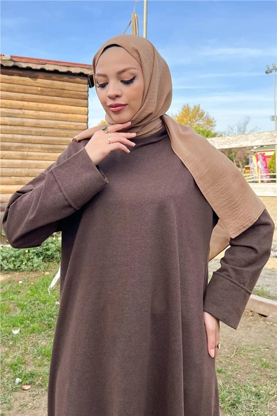 O Yaka Yırtmançlı Uzun Geniş Rahat Tunik Pantolon Sade Basic Spor Takımı - 03040.028 - Kahverengi - Resim 7