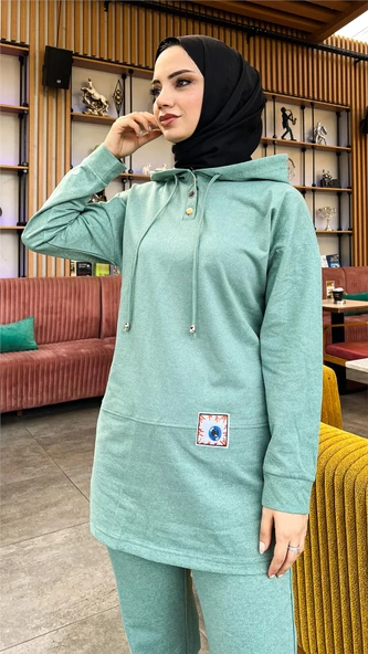 Kapşonlu Çıtçıtlı Sade Basic İkili Eşofman Spor Takımı - 03036.100 - Çağla Yeşili - Resim 2