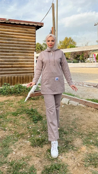 Kapşonlu Çıtçıtlı Sade Basic İkili Eşofman Spor Takımı - 03036.016 - Vizon - 4