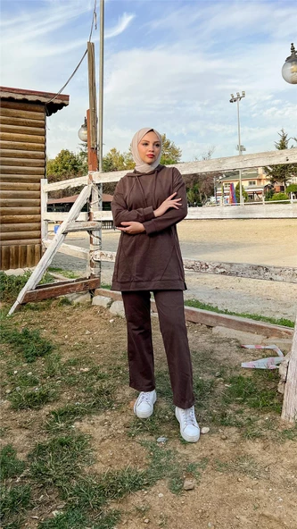 Kapşonlu O Yaka Sade Basic İkili Eşofman Spor Takımı - 03039.028 - Kahverengi - 5